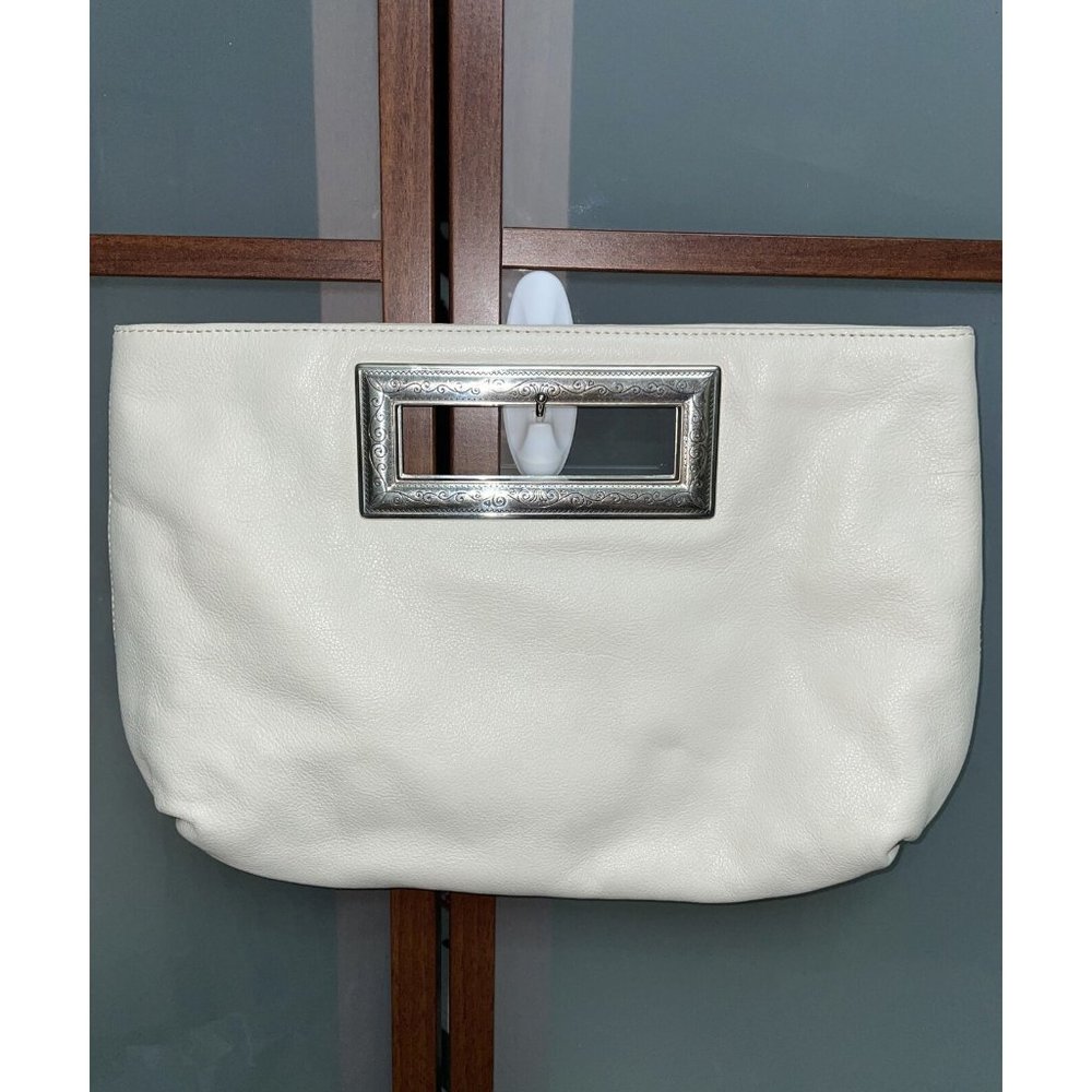 Brighton Vintage White Pebbled Leather Satchel Clutch Bag w/Silver Hardware VTG